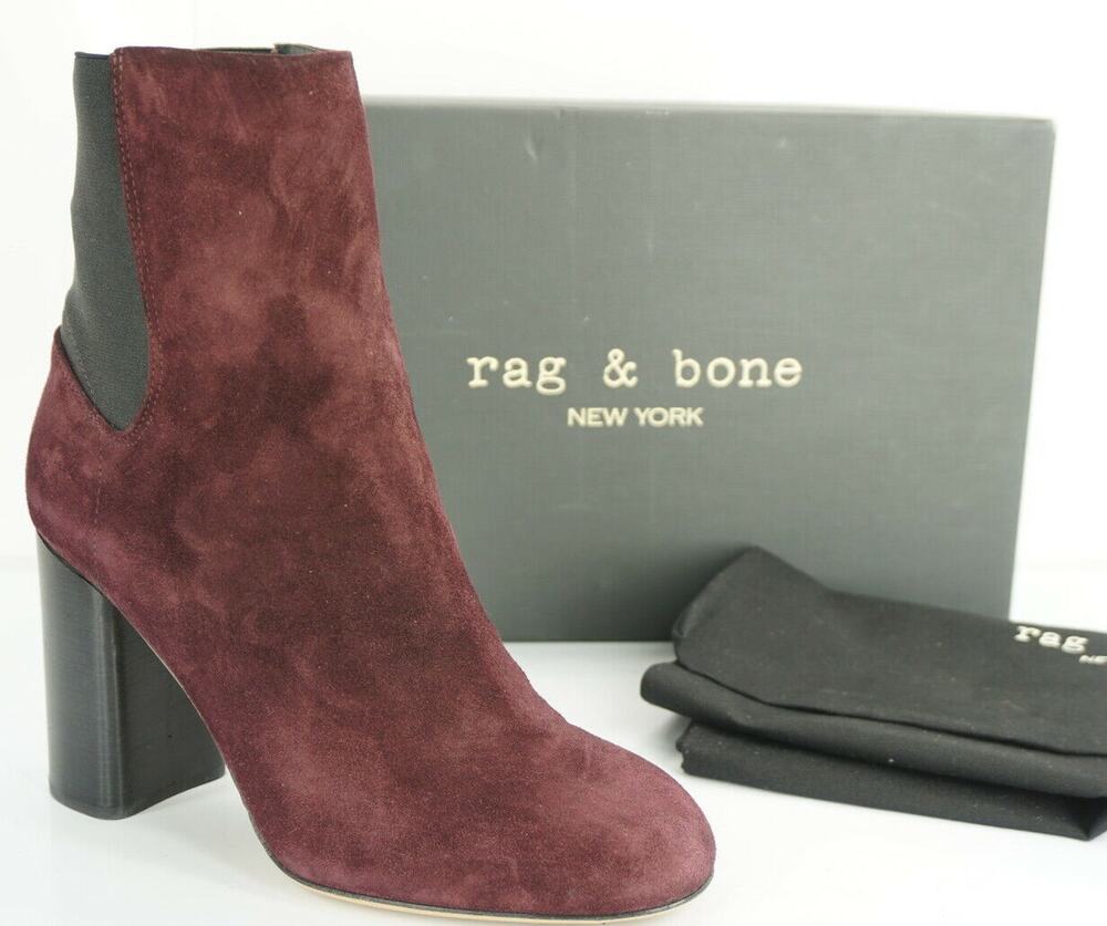 Rag & Bone Agnes Wine Suede Leather Heels Ankle Boots Stretch Chelsea